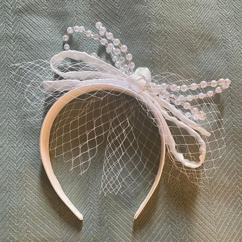 White pearl headband with veil and bow Bridal Preppy